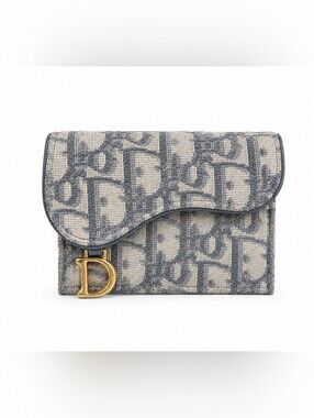 Dior Blue and Cream Oblique Jacquard Wallet with Gold D Charm